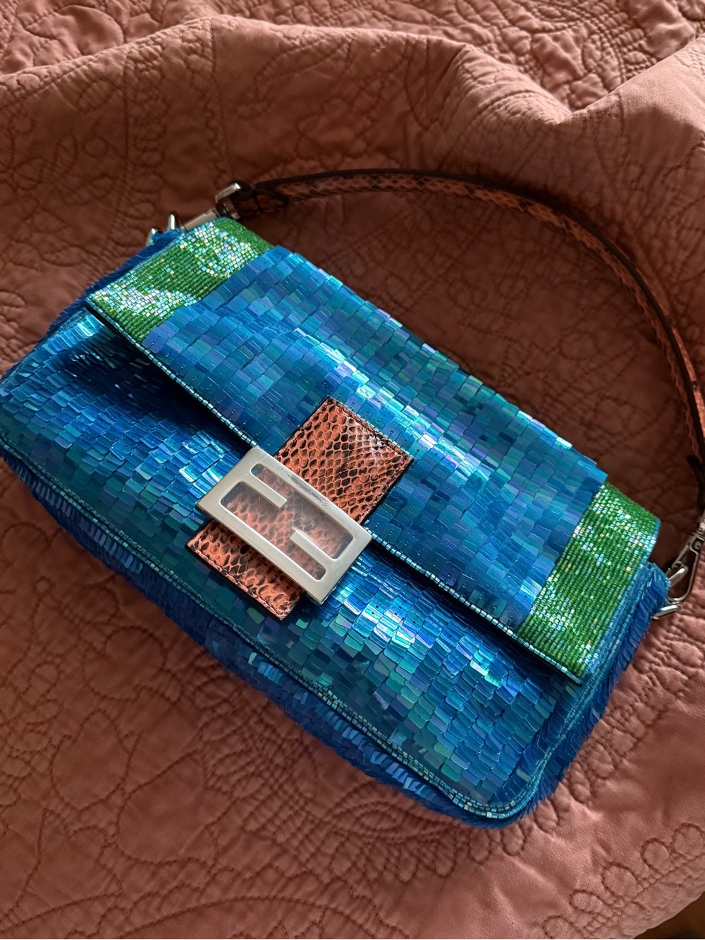 Fendi 2022 Re-edition Blue Sequin Baguette w Snake Trim